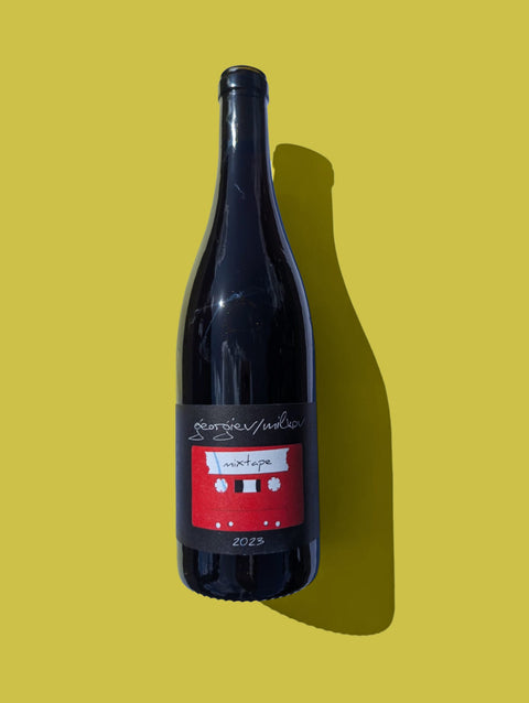 Georgiev / Milkov's Mixtape is a bright red full of fresh berries. The contemporary label matches the winemaking style.