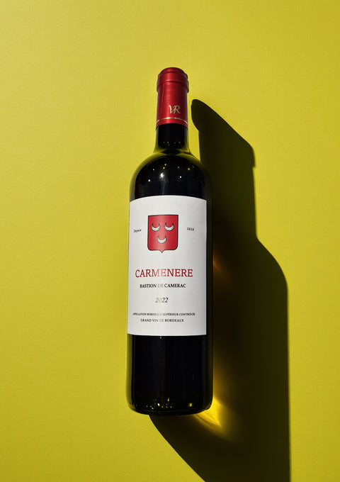 A bottle of Carmenere red wine from Bastion de camerac wine producer, in Bordeaux.